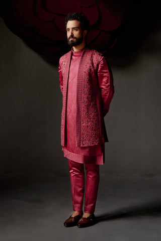 Jatin Malik-Scarlet Red Shrug And Kurta Set-INDIASPOPUP.COM