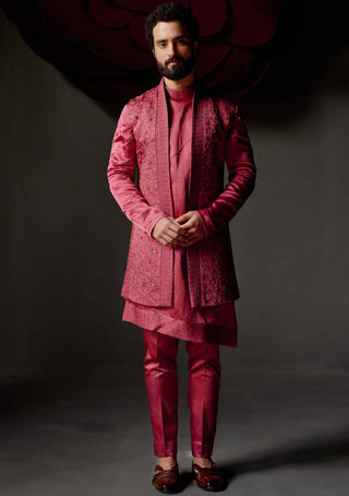 Jatin Malik-Scarlet Red Shrug And Kurta Set-INDIASPOPUP.COM