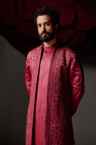 Jatin Malik-Scarlet Red Shrug And Kurta Set-INDIASPOPUP.COM