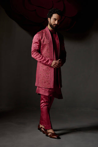 Jatin Malik-Scarlet Red Shrug And Kurta Set-INDIASPOPUP.COM