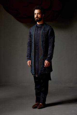 Jatin Malik-Midnight Blue Shrug And Kurta Set-INDIASPOPUP.COM