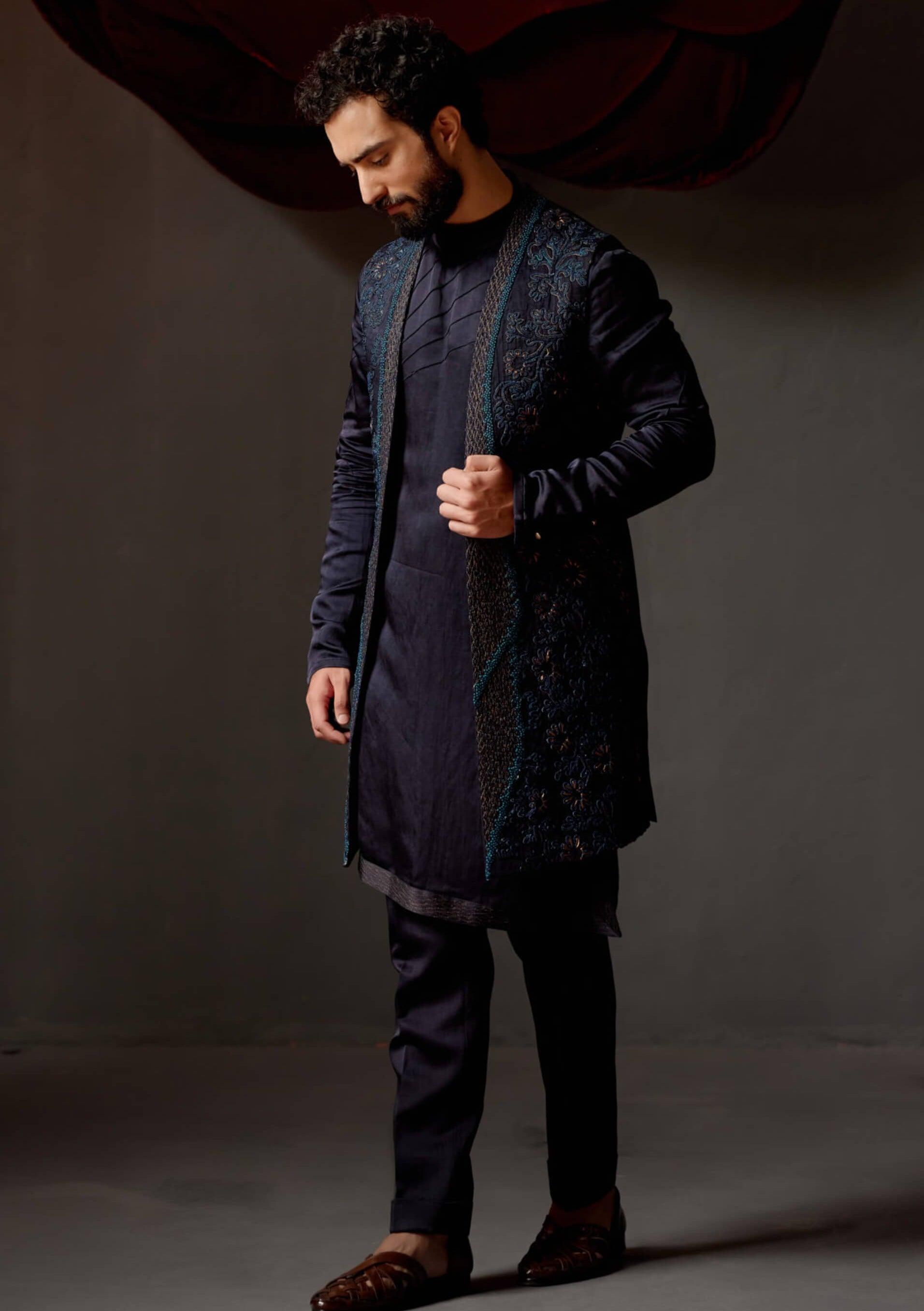 Jatin Malik Midnight Blue Shrug And Kurta Set
