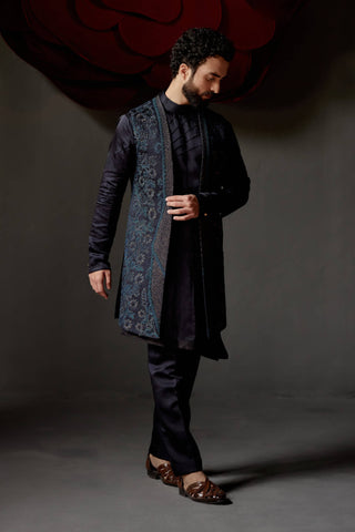 Jatin Malik-Midnight Blue Shrug And Kurta Set-INDIASPOPUP.COM