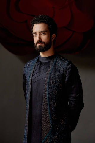 Jatin Malik-Midnight Blue Shrug And Kurta Set-INDIASPOPUP.COM