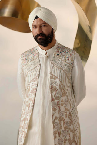 Jatin Malik-Dirty Ivory Shrug And Kurta Set-INDIASPOPUP.COM