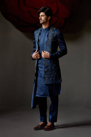 Jatin Malik-Dusky Blue Shrug And Kurta Set-INDIASPOPUP.COM