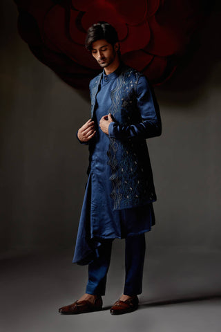 Jatin Malik-Dusky Blue Shrug And Kurta Set-INDIASPOPUP.COM