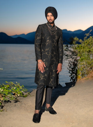 Iris Black Achkan And Trousers by Jatin Malik available on Indiaspopup.com