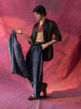 Chrysanthemum Midnight Blue Blazer And Trousers by Jatin Malik available on Indiaspopup.com