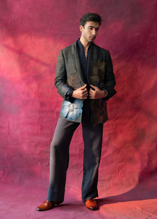 La Fleur Charcoal Gray Jacket And Trousers by Jatin Malik available on Indiaspopup.com