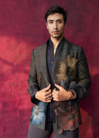 La Fleur Charcoal Gray Jacket And Trousers by Jatin Malik available on Indiaspopup.com