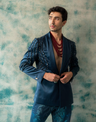 Midnight Blue Sage Blazer And Trouser by Jatin Malik available on Indiaspopup.com