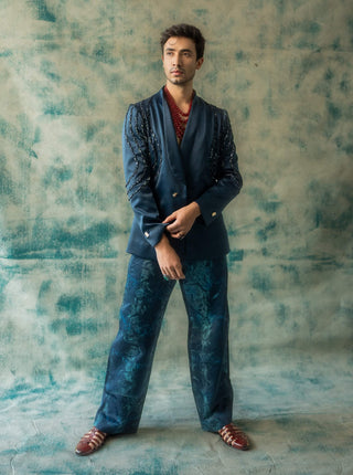 Midnight Blue Sage Blazer And Trouser by Jatin Malik available on Indiaspopup.com