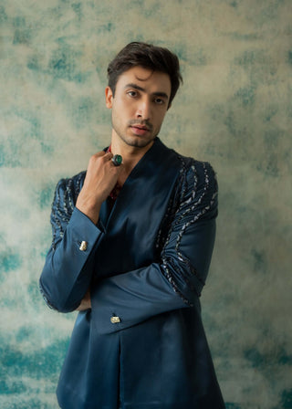 Midnight Blue Sage Blazer And Trouser by Jatin Malik available on Indiaspopup.com