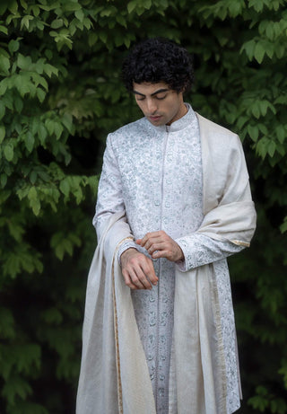 Lilac Grey Rose Sherwani Set by Jatin Malik available on Indiaspopup.com