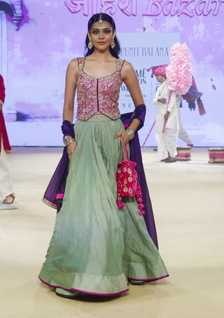 Sage green and purple waistcoat lehenga set