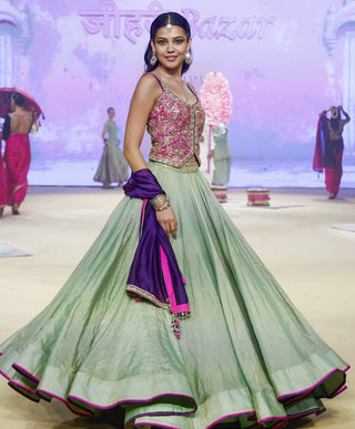 Sage green and purple waistcoat lehenga set