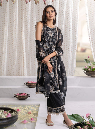 Mulmul-Black Jugni Kurta Set-INDIASPOPUP.COM