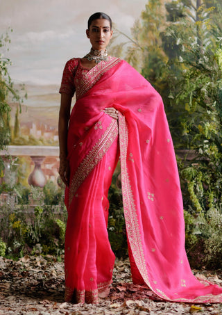 Jigar Mali-Hot Pink Organza Sari Set-INDIASPOPUP.COM