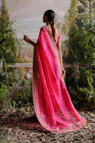 Jigar Mali-Hot Pink Organza Sari Set-INDIASPOPUP.COM