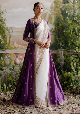 Jigar Mali-Off-White Sari And Purple Jacket Set-INDIASPOPUP.COM