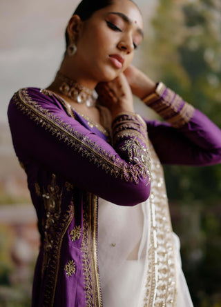 Jigar Mali-Off-White Sari And Purple Jacket Set-INDIASPOPUP.COM