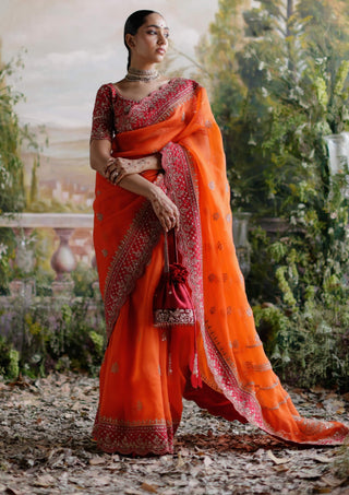 Jigar Mali-Tiger Lily Orange Sari Set-INDIASPOPUP.COM