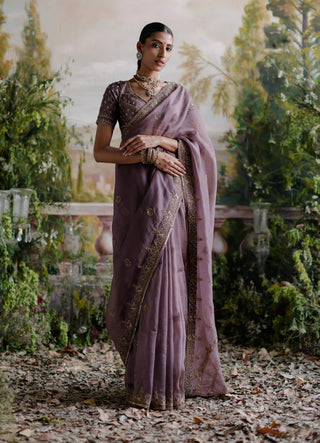 Jigar Mali-Antique Violet Sari Set-INDIASPOPUP.COM