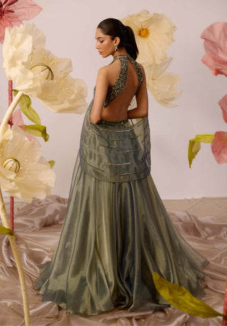 Roqa-Juniper Olive Gown With Detachable Cape-INDIASPOPUP.COM