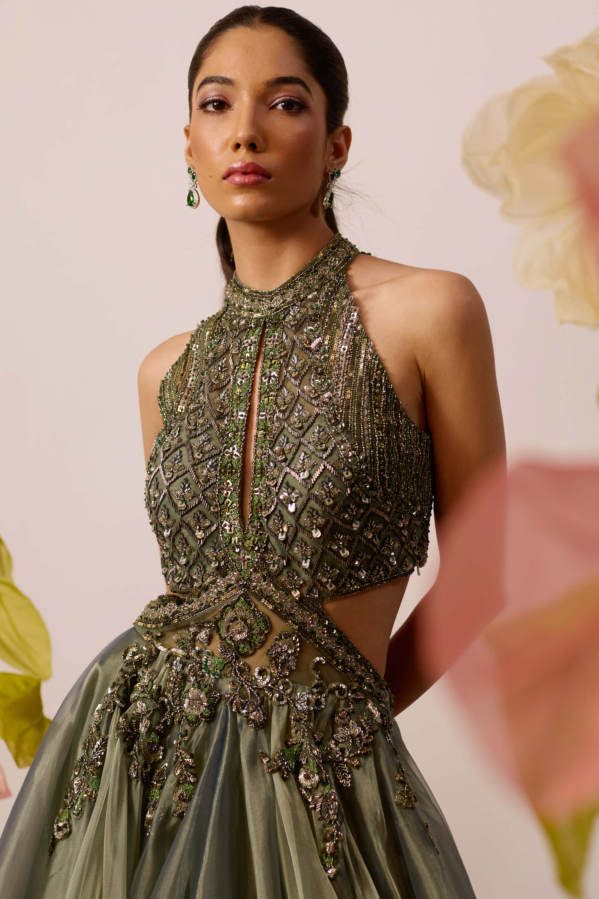 Roqa Juniper Olive Gown With Detachable Cape | Indiaspopup.com CUSTOM Roqa Juniper Olive Gown With Detachable Cape | Indiaspopup.com CUSTOM