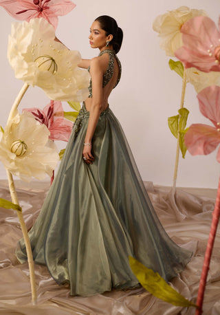 Roqa-Juniper Olive Gown With Detachable Cape-INDIASPOPUP.COM