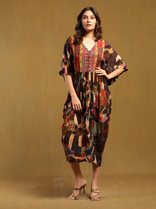 Brown velvet patchwork kaftan dress