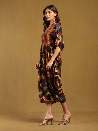 Brown velvet patchwork kaftan dress