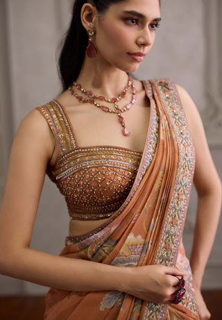 Yasmin apricot pre-draped sari with blouse
