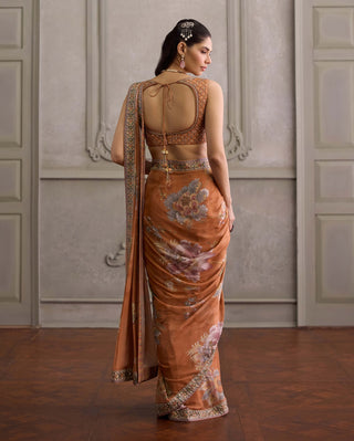 Yasmin apricot pre-draped sari with blouse