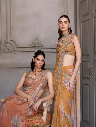 Yasmin amber yellow pre-draped sari with blouse