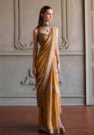 Yasmin amber yellow pre-draped sari with blouse