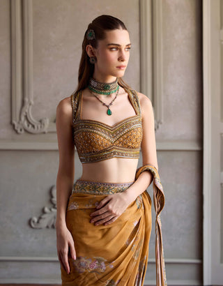 Yasmin amber yellow pre-draped sari with blouse