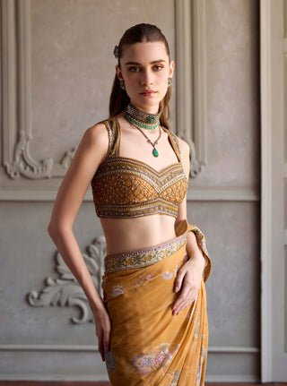 Yasmin amber yellow pre-draped sari with blouse