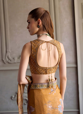 Yasmin amber yellow pre-draped sari with blouse
