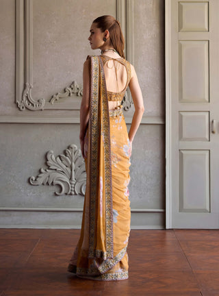 Yasmin amber yellow pre-draped sari with blouse