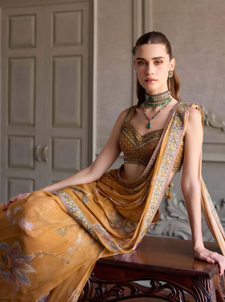 Yasmin amber yellow pre-draped sari with blouse