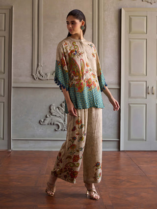 Sahira beige and sea green tunic with pants