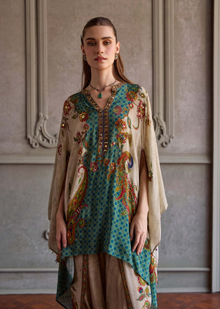 Leena beige and sea green kaftan set