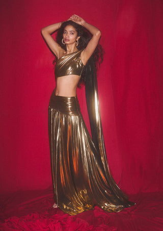 Deme By Gabriella-Gold Metallic Draped Blouse And Skirt-INDIASPOPUP.COM