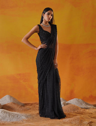 Kapda Dori-Black Drape Sari Set-INDIASPOPUP.COM