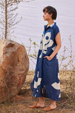 Kharakapas-Azalea Deep Blue Shirt Dress-INDIASPOPUP.COM