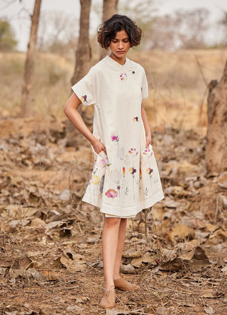 Kharakapas-Hortensia Offwhite Printed Dress-INDIASPOPUP.COM
