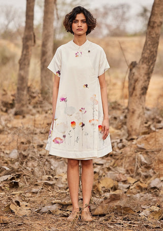 Kharakapas-Hortensia Offwhite Printed Dress-INDIASPOPUP.COM