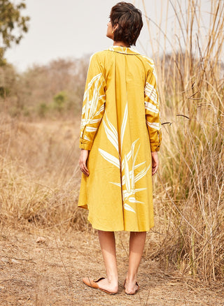 Kharakapas-Goldenrod Yellow Ochre Flowy Shirt Dress-INDIASPOPUP.COM